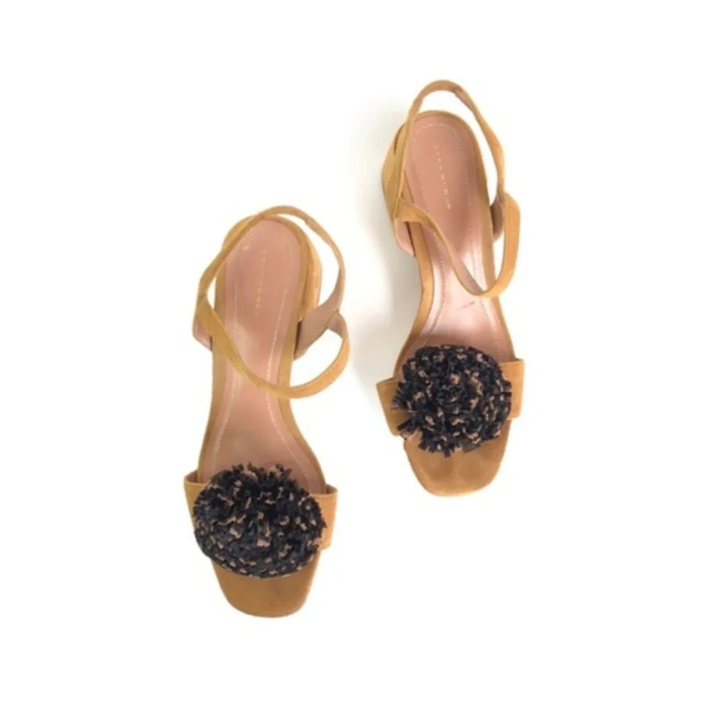 Zara Tan Suede Raffia Pom Pom Strappy Sandals 38 - Picture 5 of 13